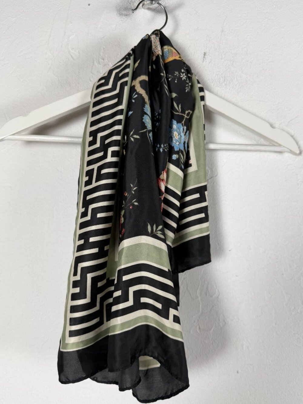 GP & J Baker X H&M Floral Black & Green Scarf Geometric Border 30x28 Inches New